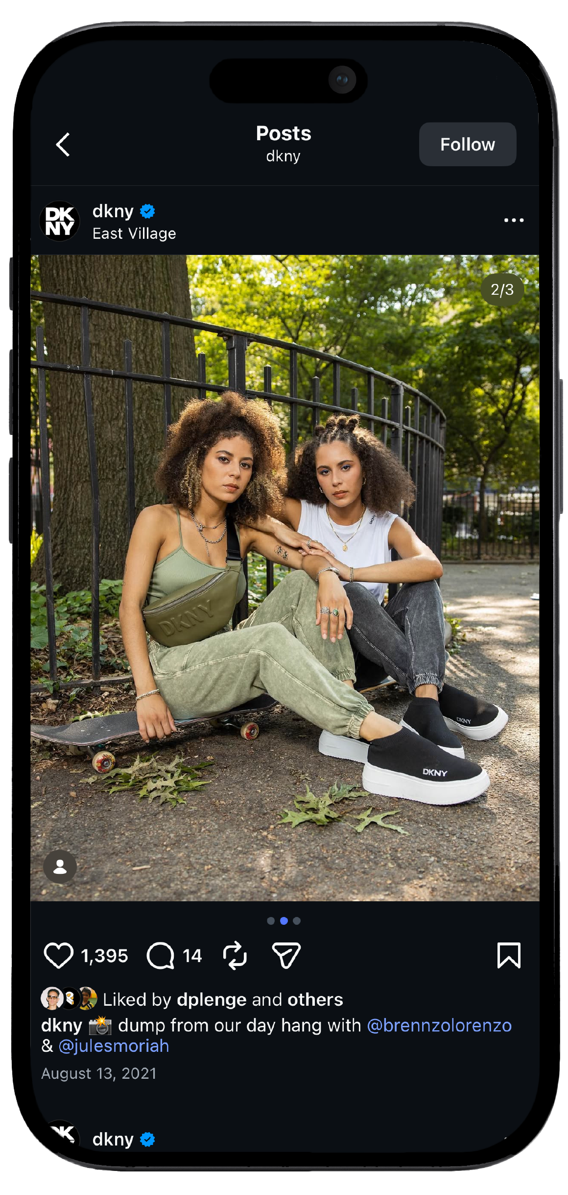 Smartphone displaying DKNY’s Instagram page, showcasing a mockup of the brand's social media interface