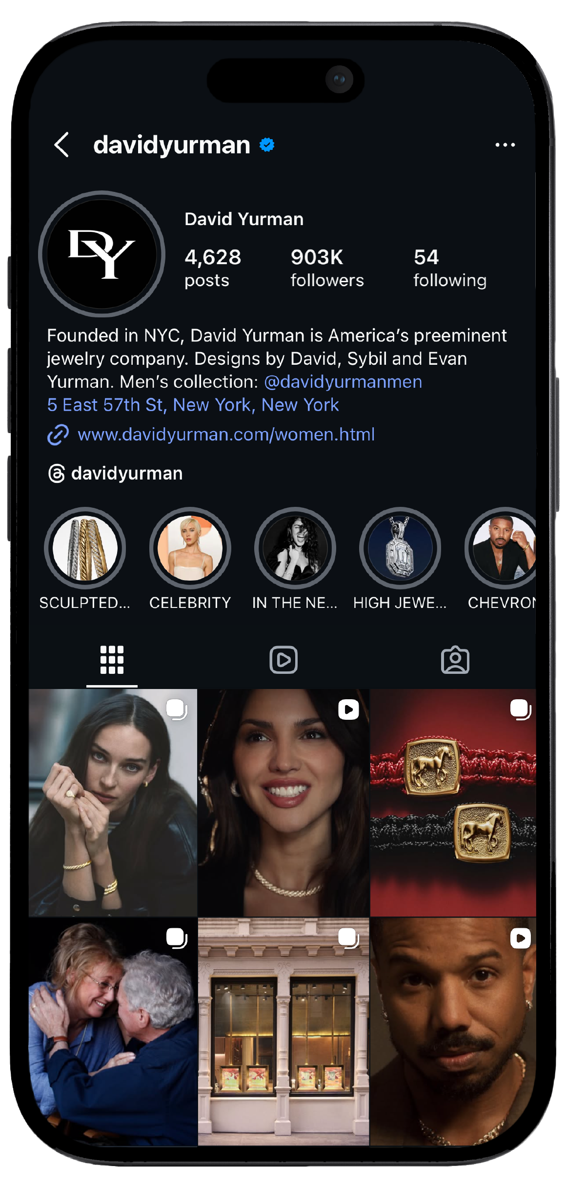 Smartphone displaying David Yurman’s Instagram page, showcasing a mockup of the brand's social media interface