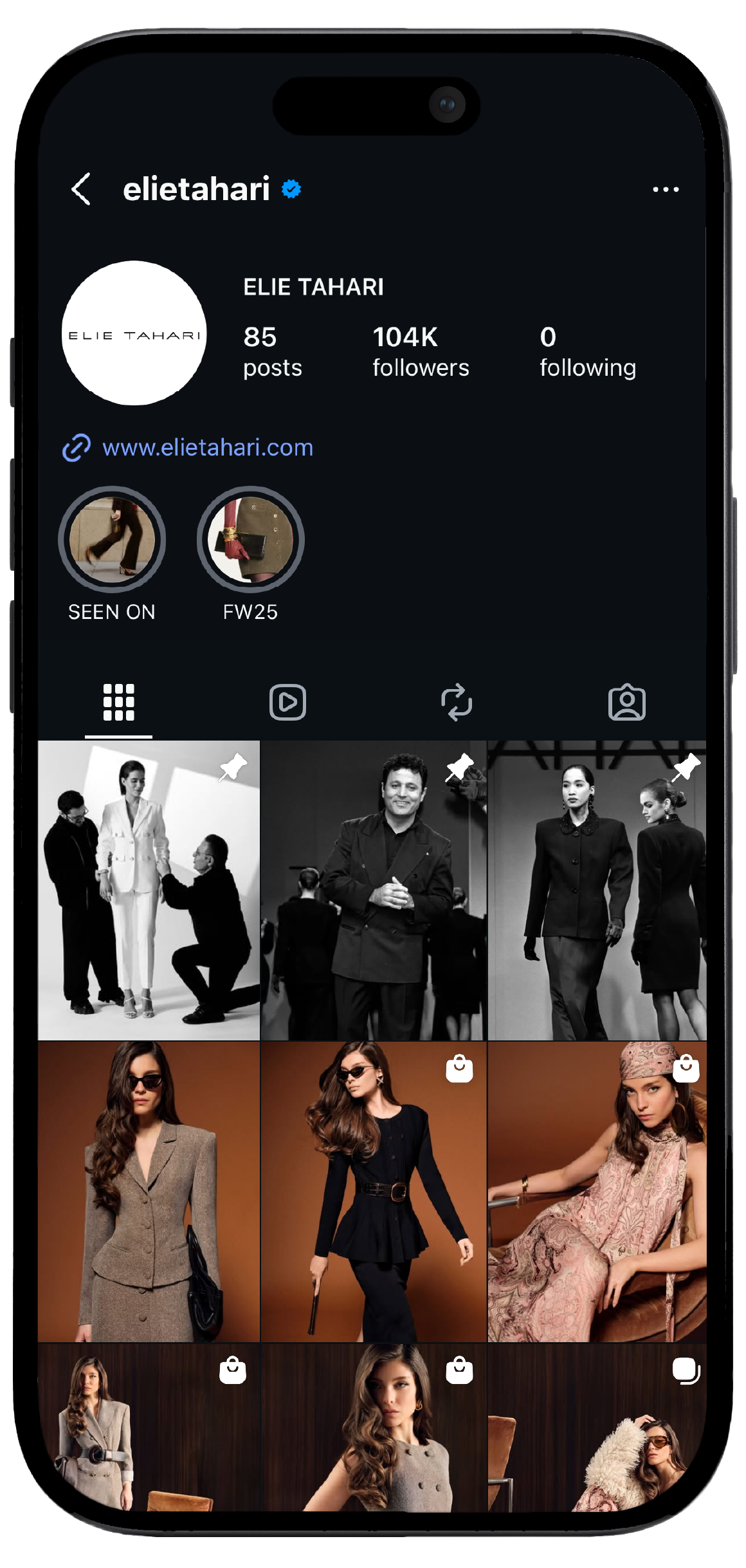 Smartphone displaying Elie Tahari’s Instagram page, showcasing a mockup of the brand's social media interface