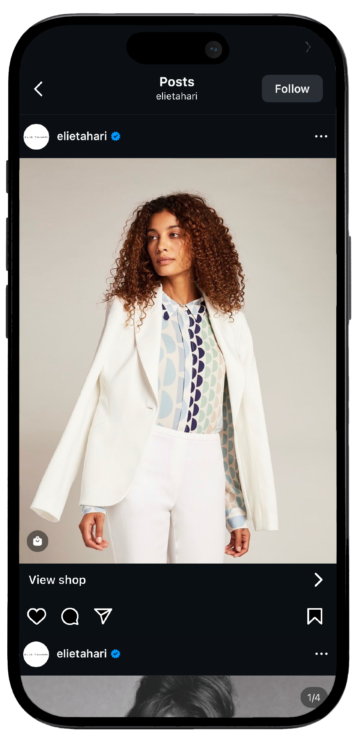 Smartphone displaying Elie Tahari’s Instagram page, showcasing a mockup of the brand's social media interface