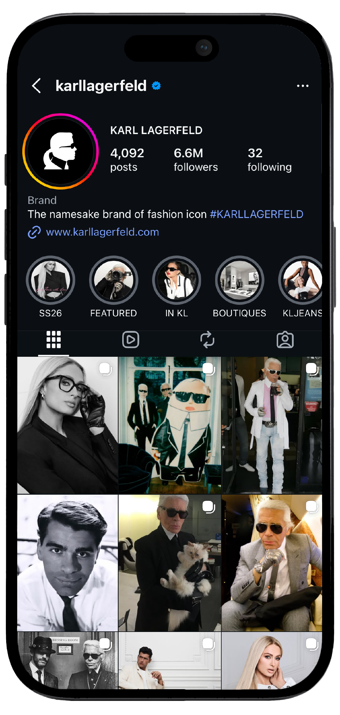 Smartphone displaying Karl Lagerfeld’s Instagram page, showcasing a mockup of the brand's social media interface