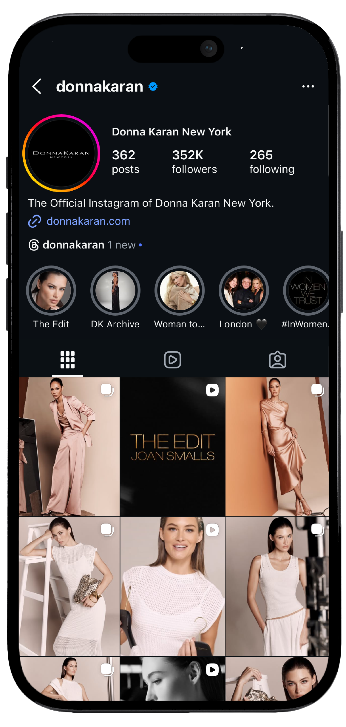 Smartphone displaying Donna karan's Instagram page, showcasing a mockup of the brand's social media interface