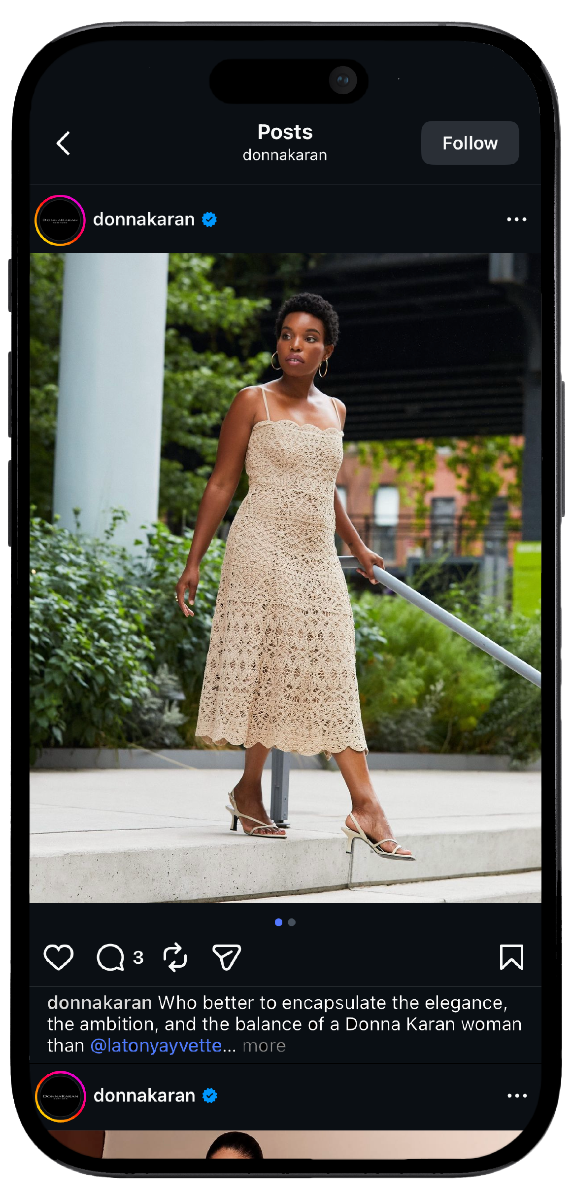 Smartphone displaying Donna karan's Instagram page, showcasing a mockup of the brand's social media interface