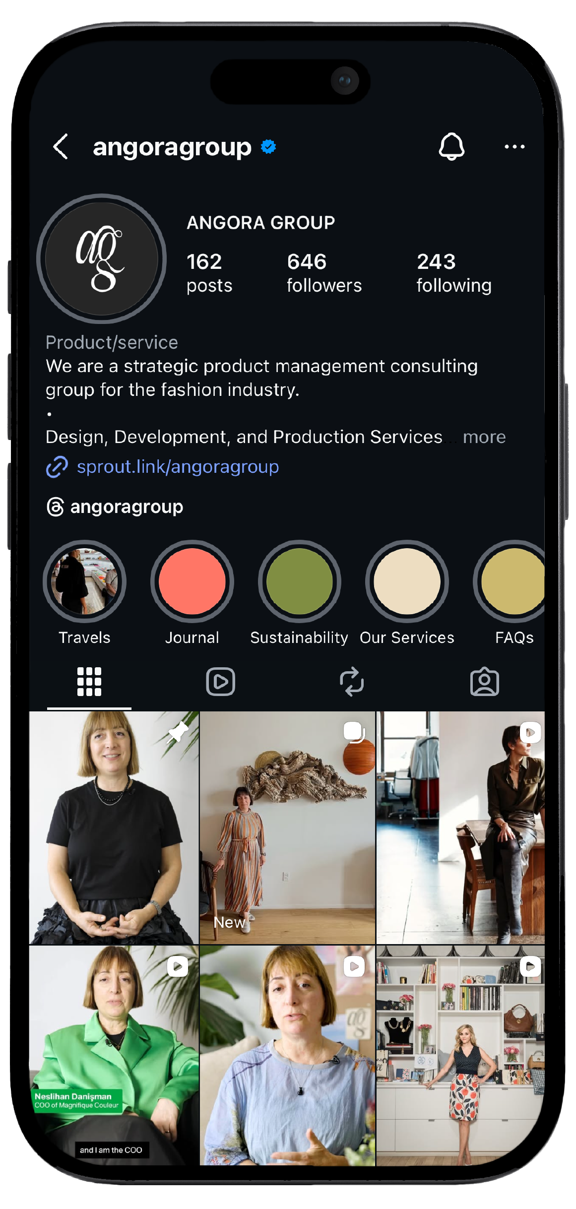 Smartphone displaying Angora Group's Instagram page, showcasing a mockup of the brand's social media interface