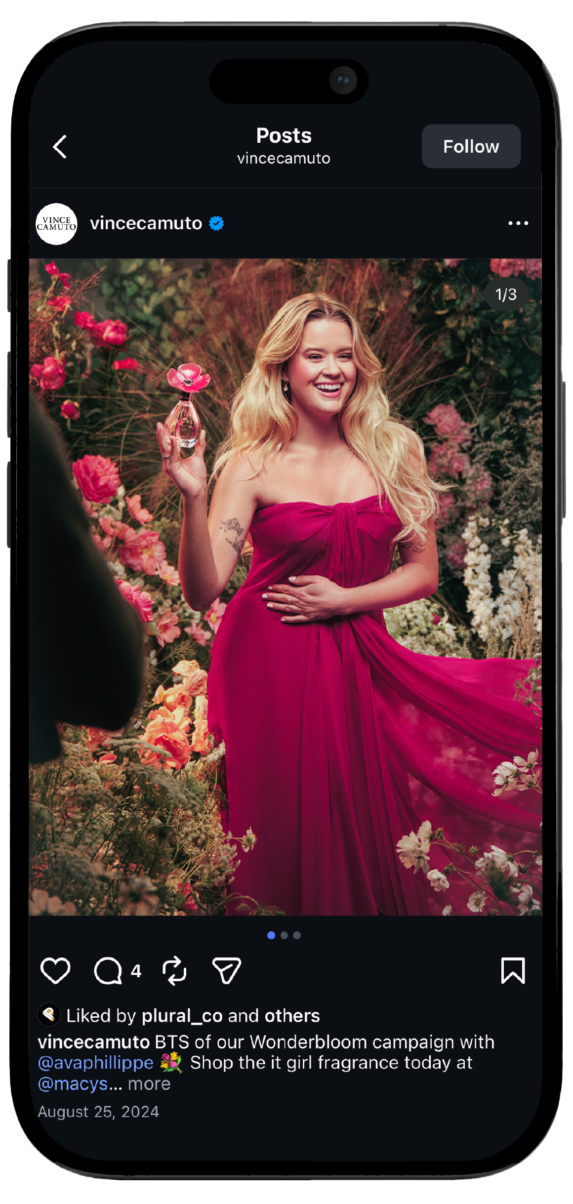 Smartphone displaying Vince Camuto’s Instagram page, showcasing a mockup of the brand's social media interface