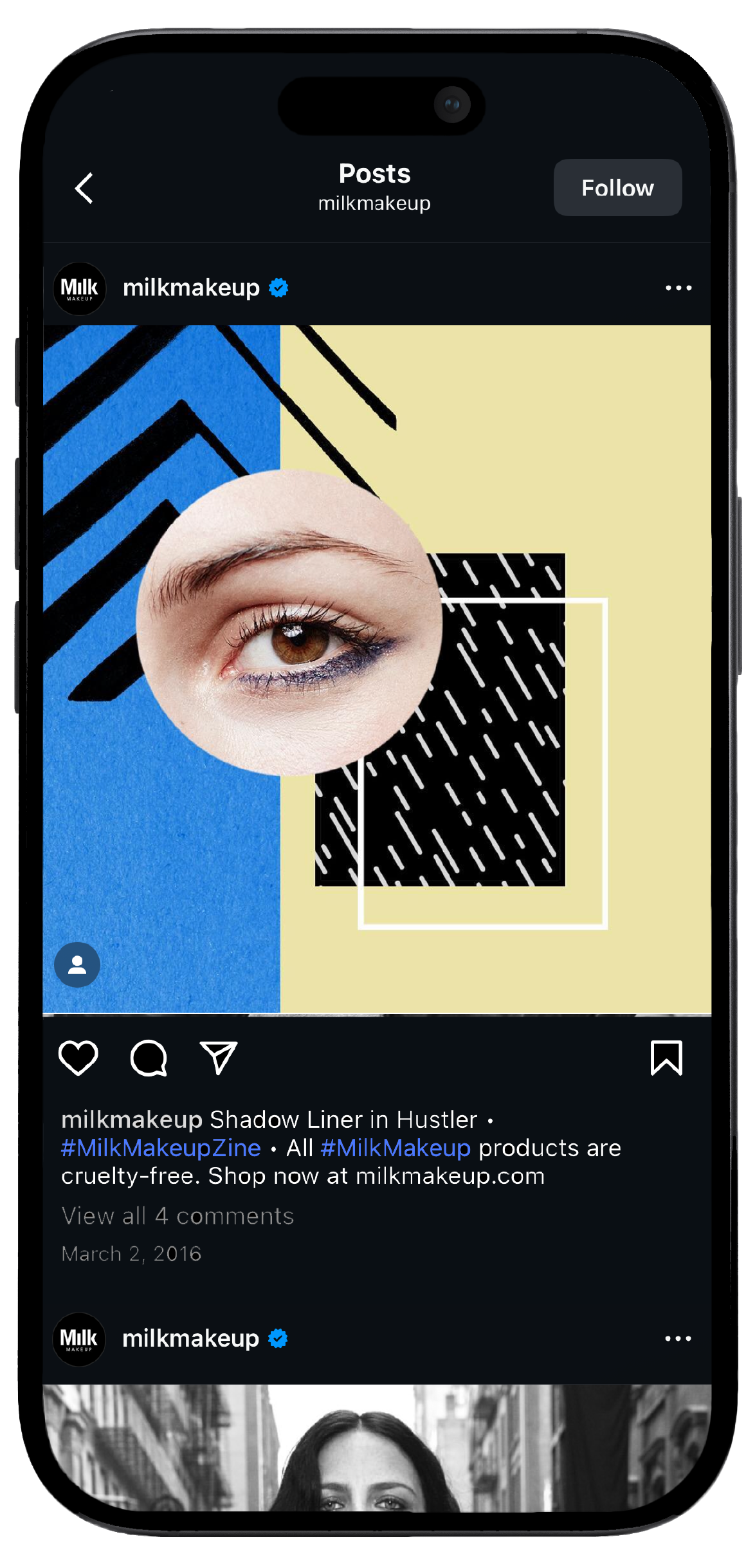 Smartphone displaying Milk Makeup’s Instagram page, showcasing a mockup of the brand's social media interface
