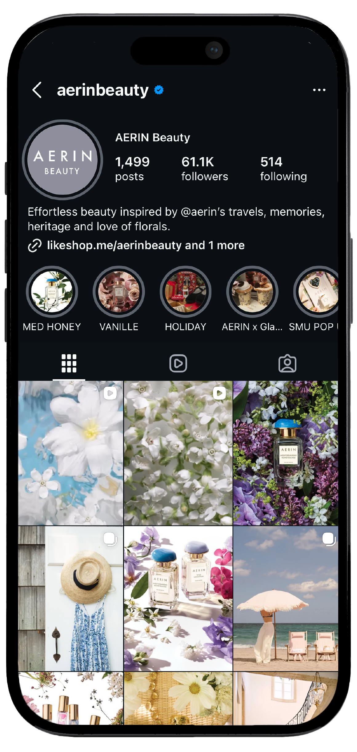Smartphone displaying Aerin Beauty’s Instagram page, showcasing a mockup of the brand's social media interface