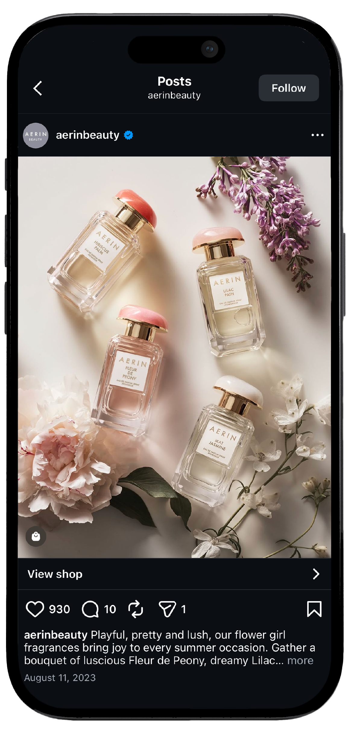 Smartphone displaying Aerin Beauty’s Instagram page, showcasing a mockup of the brand's social media interface