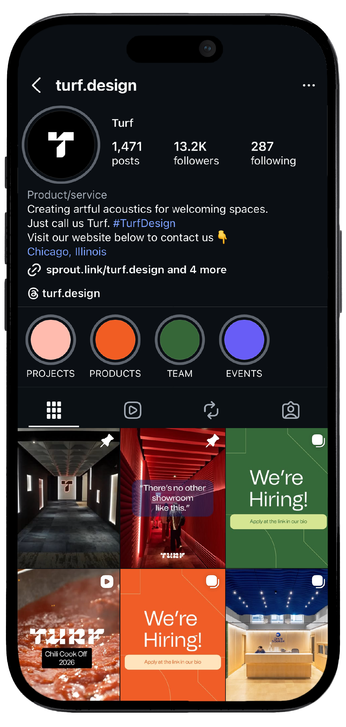Smartphone displaying Turf Design’s Instagram page, showcasing a mockup of the brand's social media interface