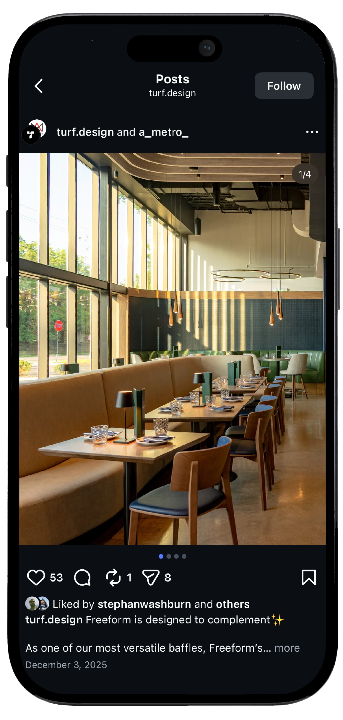 Smartphone displaying Turf Design’s Instagram page, showcasing a mockup of the brand's social media interface