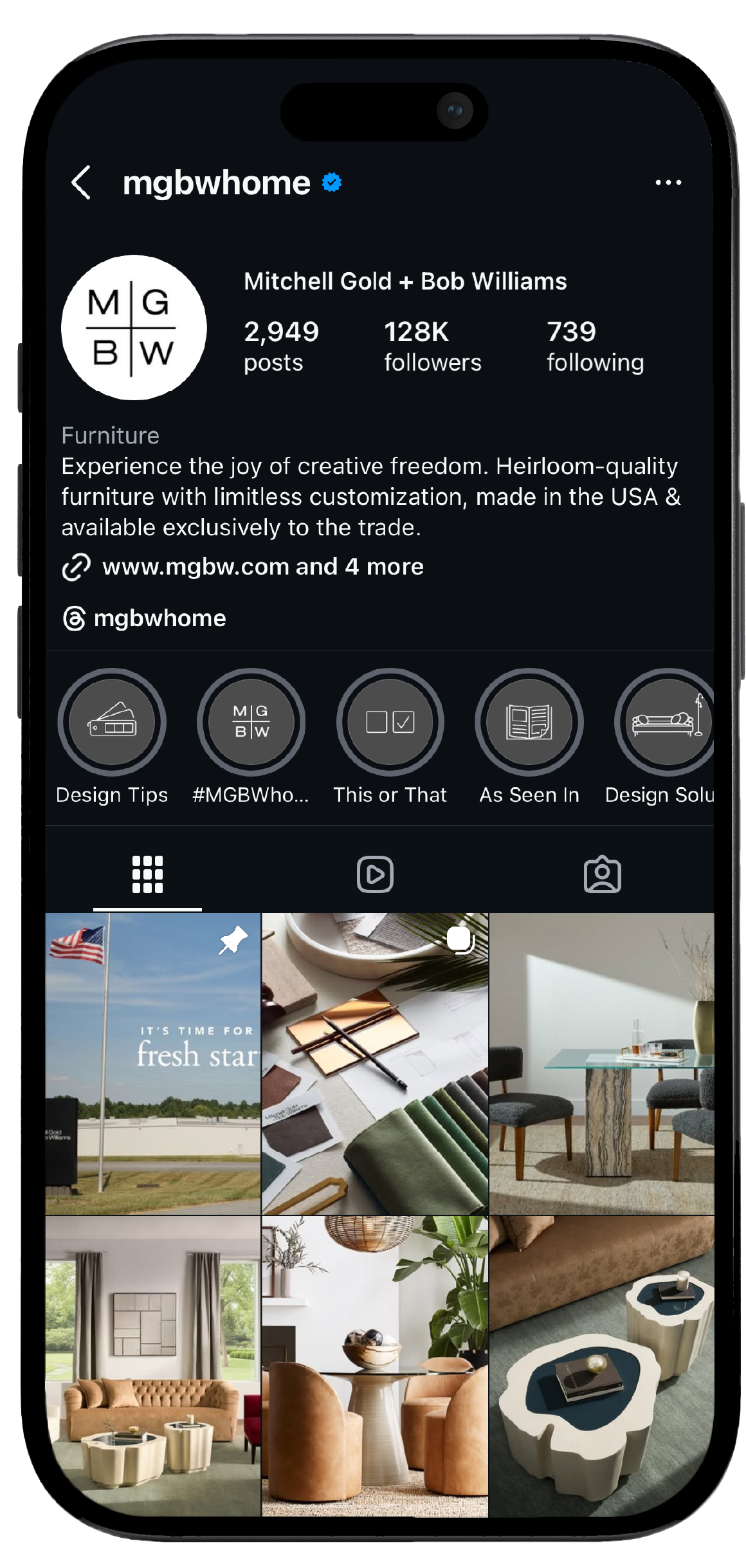 Smartphone displaying Mitchell Gold + Bob Williams’s Instagram page, showcasing a mockup of the brand's social media interface