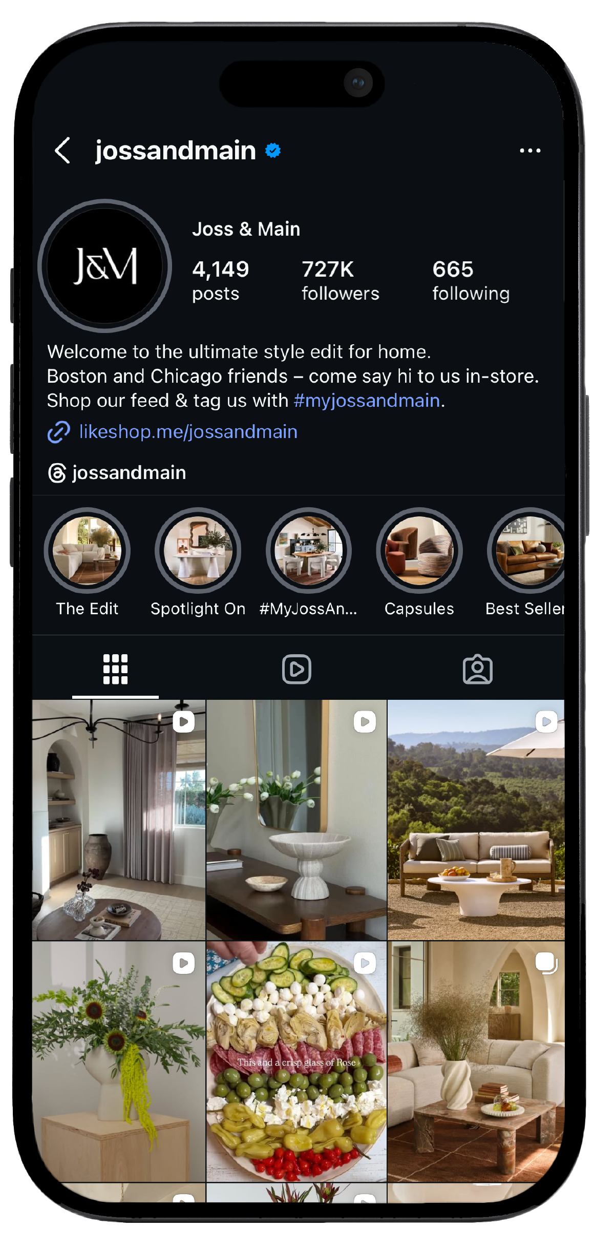 Smartphone displaying Joss & Main’s Instagram page, showcasing a mockup of the brand's social media interface