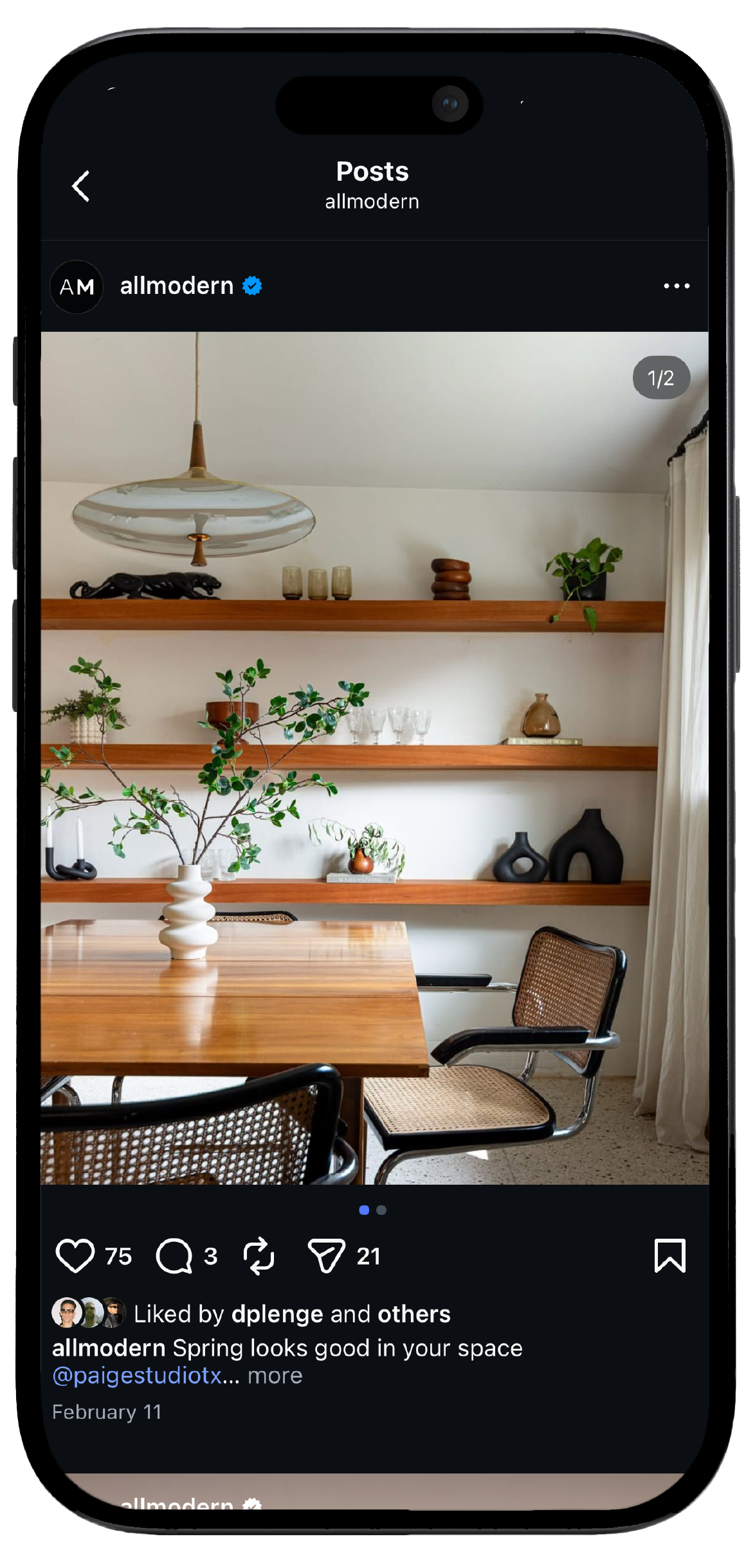 Smartphone displaying AllModern’s Instagram page, showcasing a mockup of the brand's social media interface