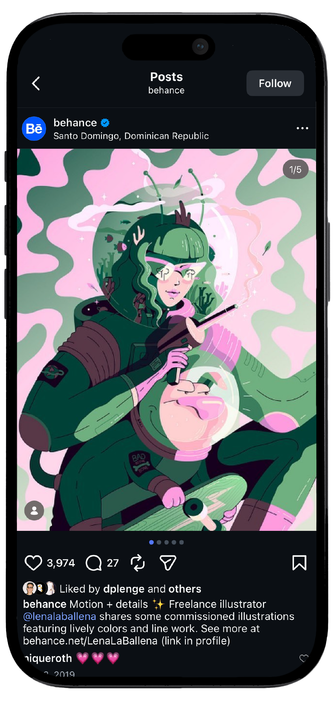 Smartphone displaying Adobe Behance’s Instagram page, showcasing a mockup of the brand's social media interface