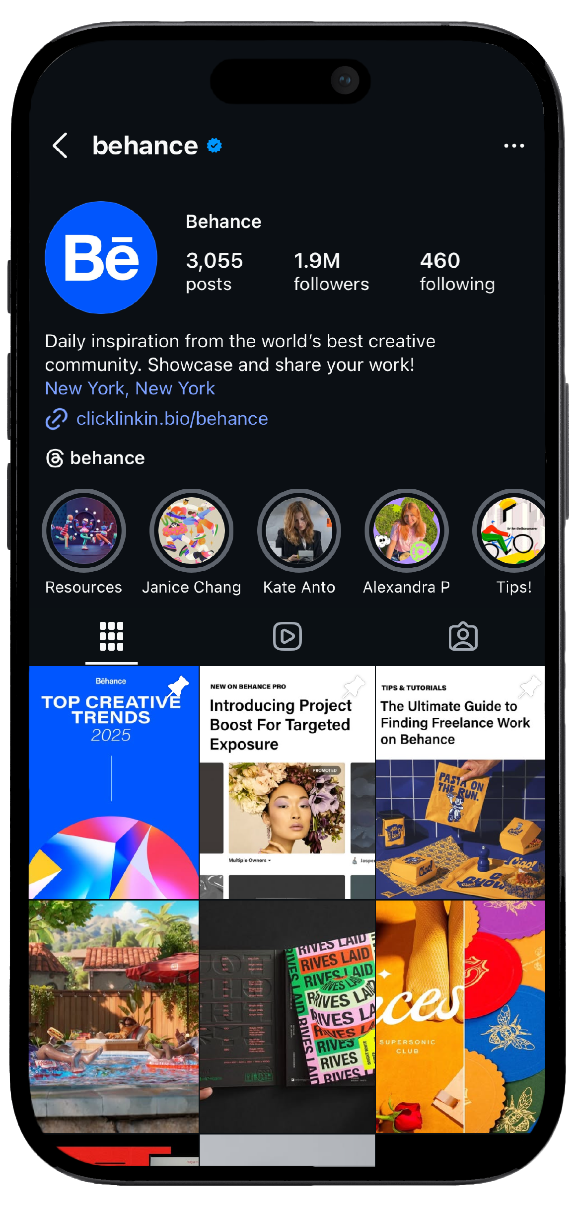 Smartphone displaying Adobe Behance’s Instagram page, showcasing a mockup of the brand's social media interface