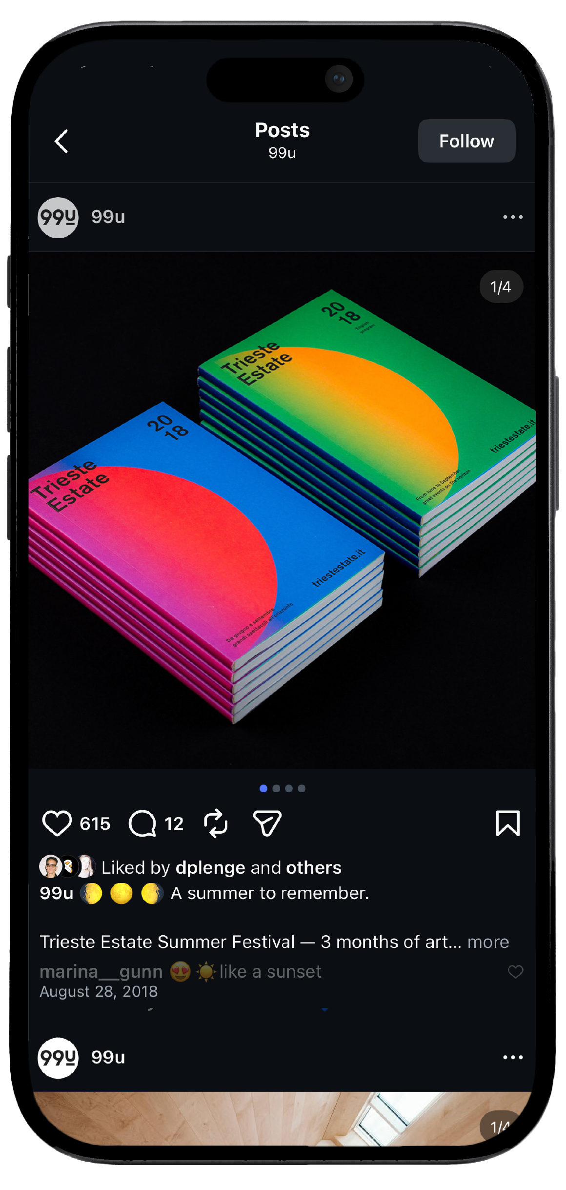Smartphone displaying Adobe 99U’s Instagram page, showcasing a mockup of the brand's social media interface