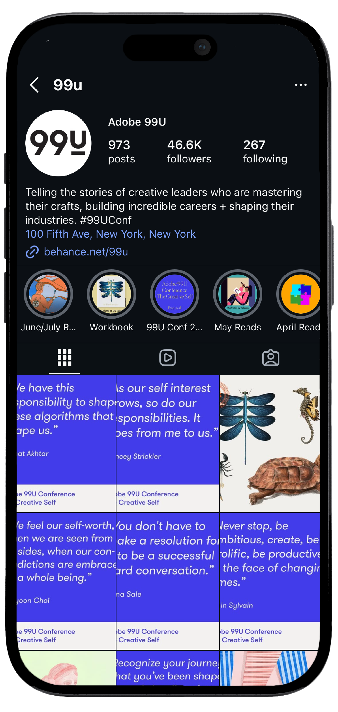 Smartphone displaying Adobe 99U’s Instagram page, showcasing a mockup of the brand's social media interface