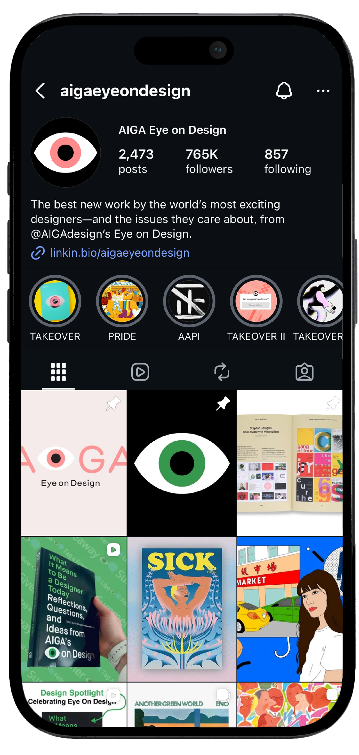 Smartphone displaying AIGA Eye on Design’s Instagram page, showcasing a mockup of the brand's social media interface