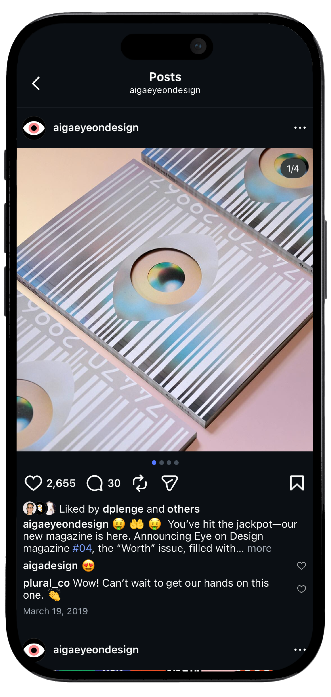 Smartphone displaying AIGA Eye on Design’s Instagram page, showcasing a mockup of the brand's social media interface
