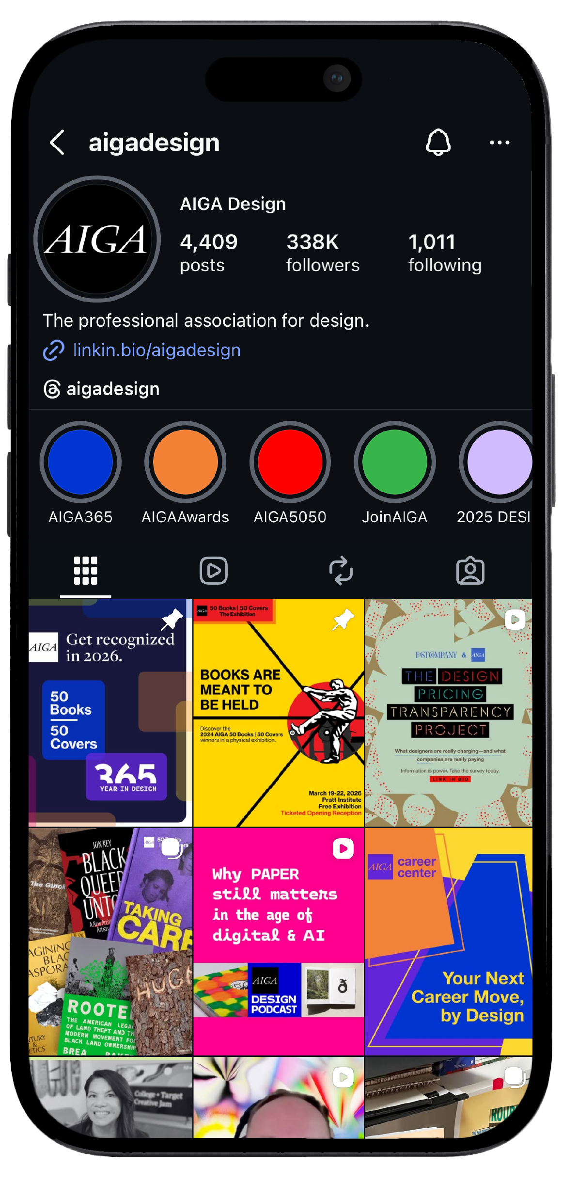 Smartphone displaying AIGA’s Instagram page, showcasing a mockup of the brand's social media interface