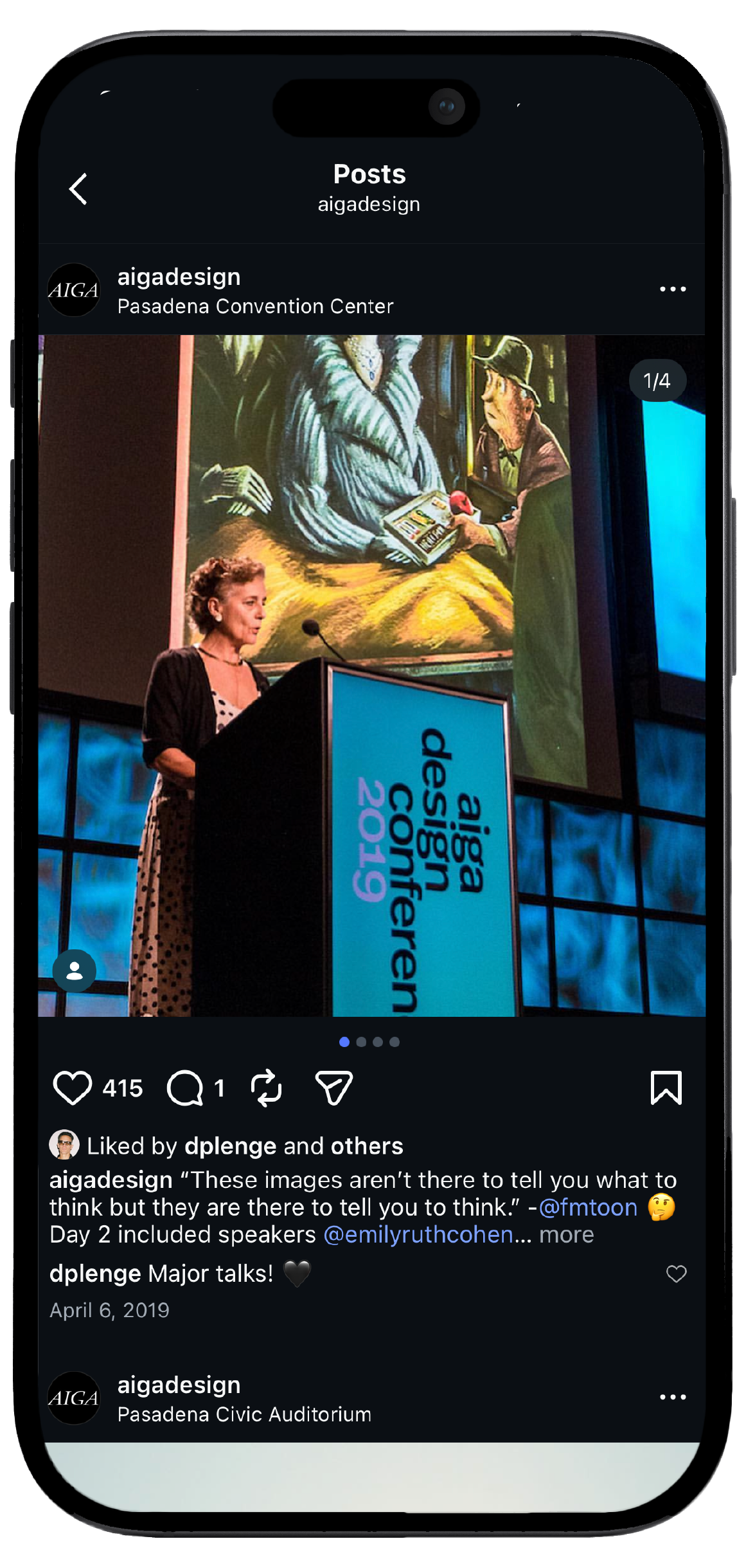 Smartphone displaying AIGA’s Instagram page, showcasing a mockup of the brand's social media interface