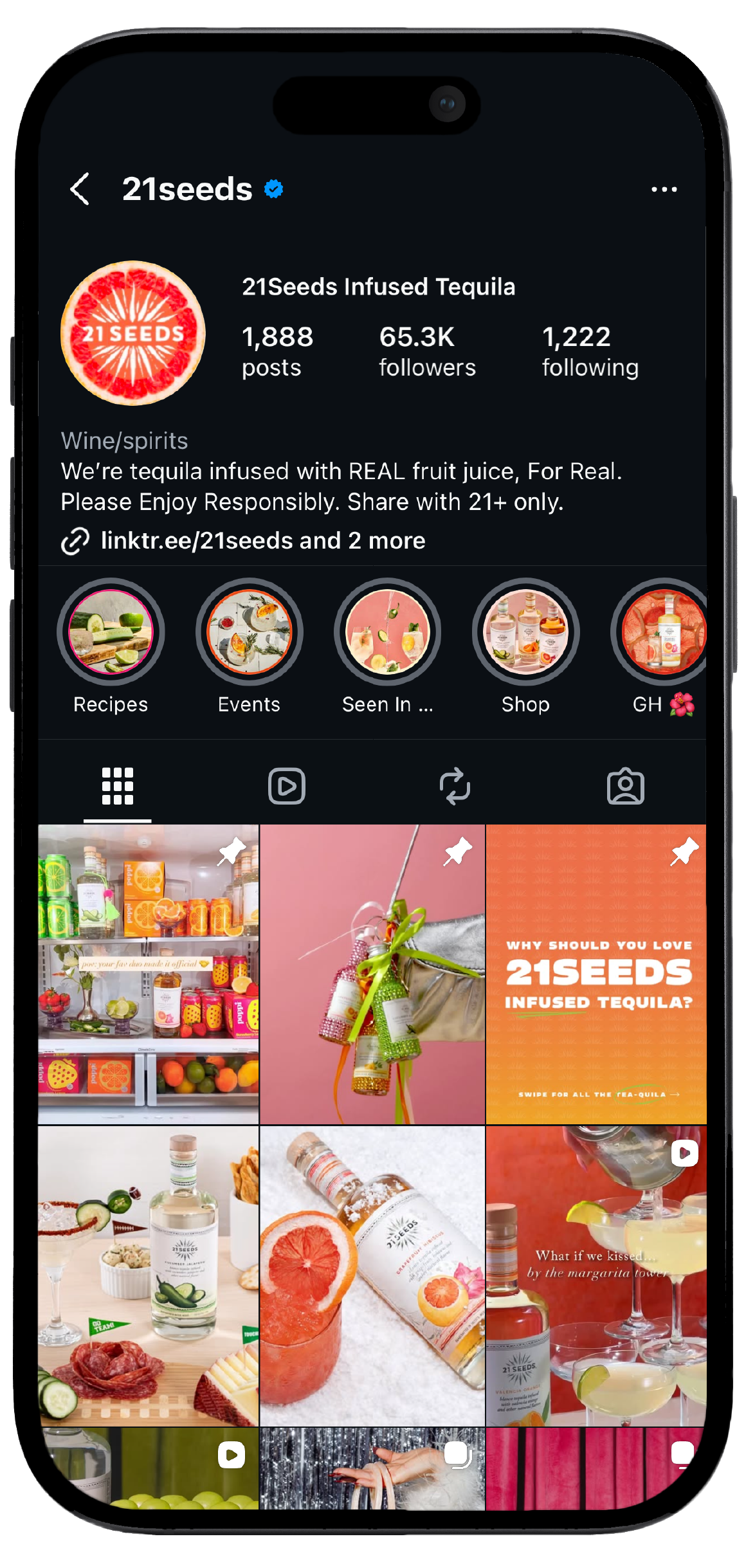 Smartphone displaying 21seeds’s Instagram page, showcasing a mockup of the brand’s social media interface