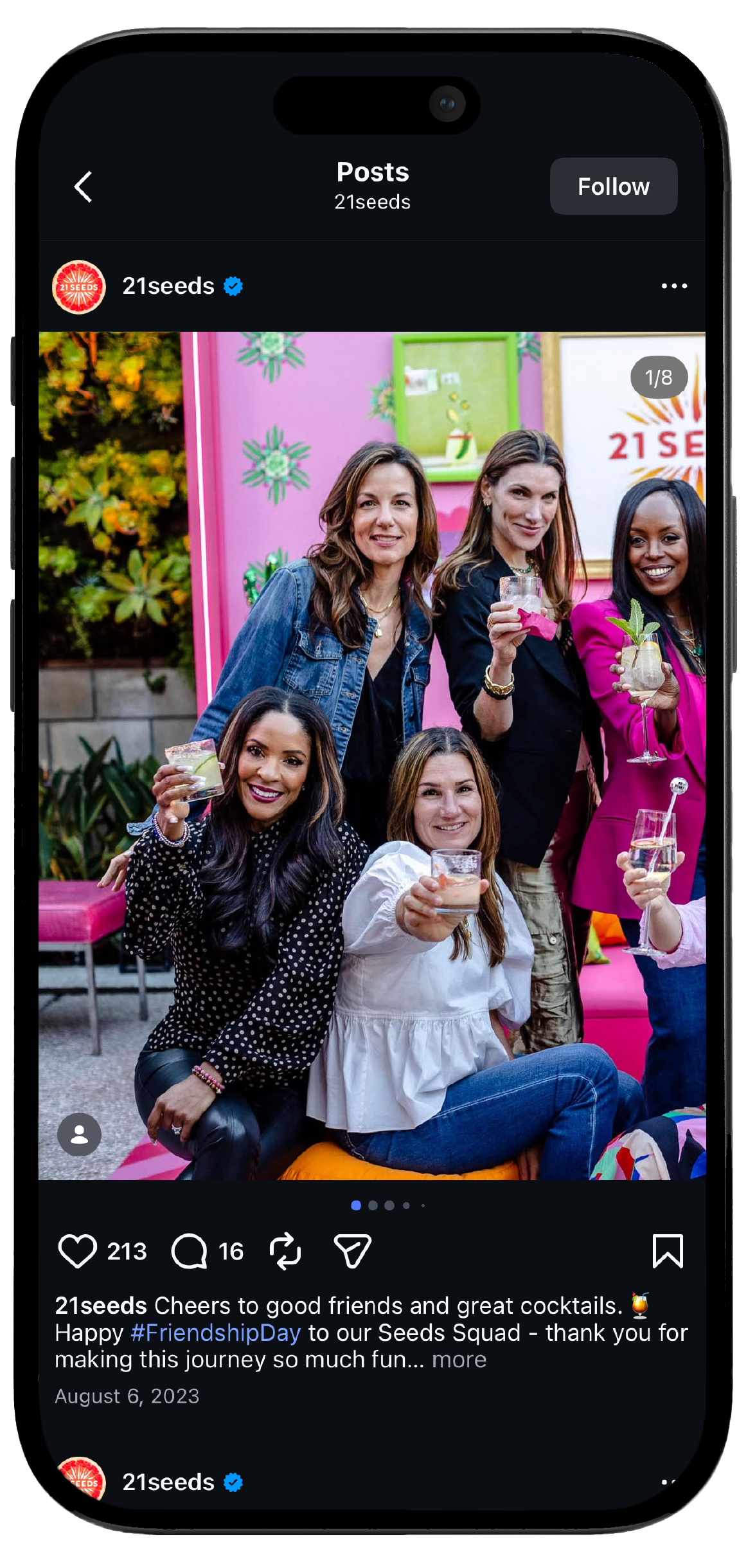 Smartphone displaying 21seeds’s Instagram page, showcasing a mockup of the brand’s social media interface