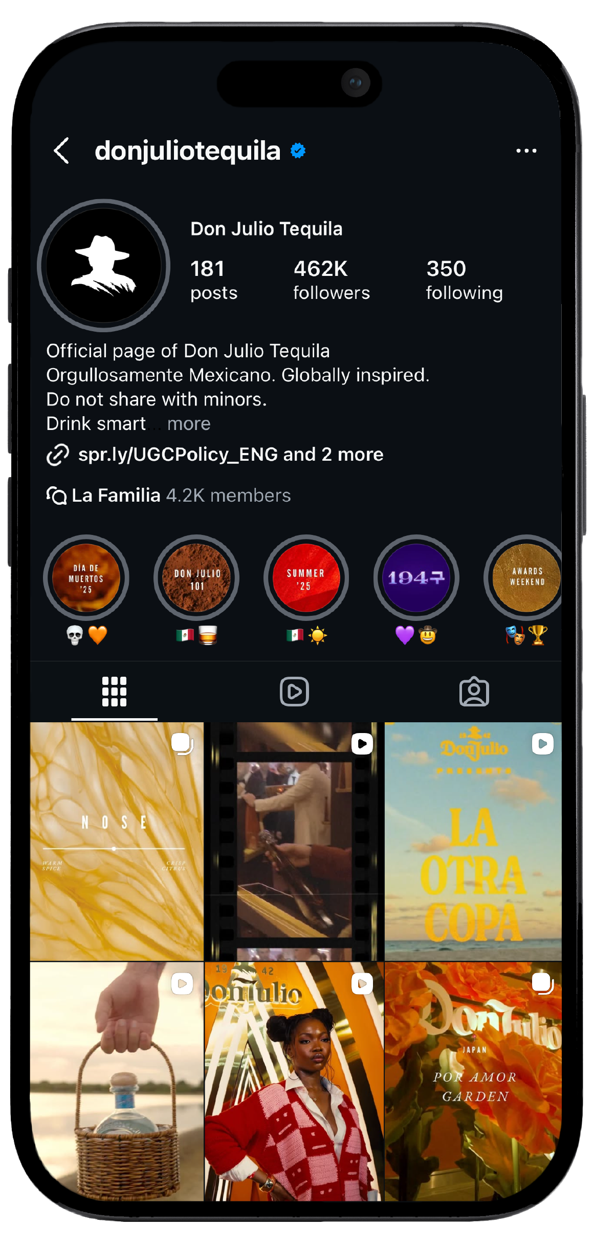 Smartphone displaying Don Julio’s Instagram page, showcasing a mockup of the brand’s social media interface