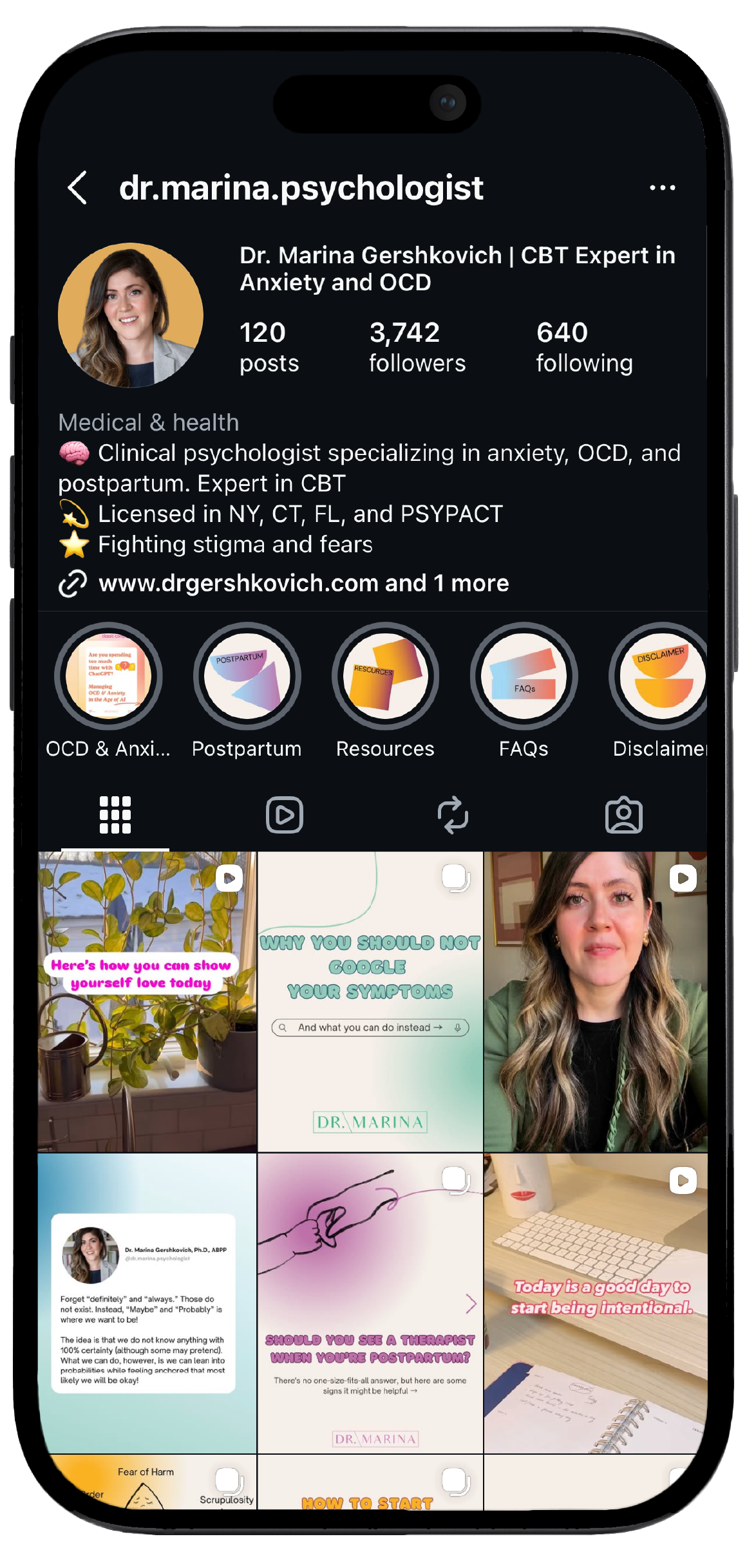 Smartphone displaying Dr. Marina’s Instagram page, showcasing a mockup of the Dr. Marina’s social media interface
