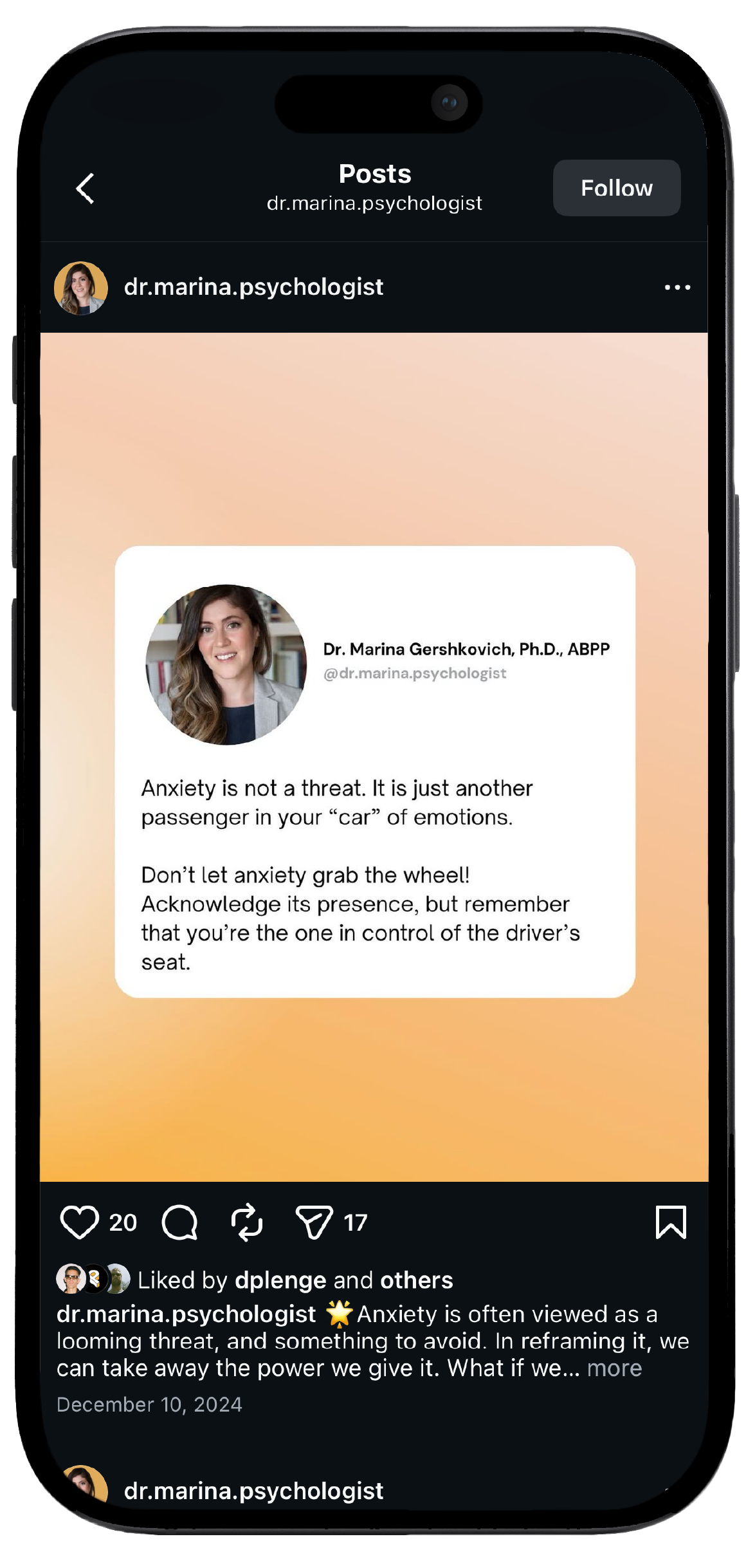 Smartphone displaying Dr. Marina’s Instagram page, showcasing a mockup of the Dr. Marina’s social media interface
