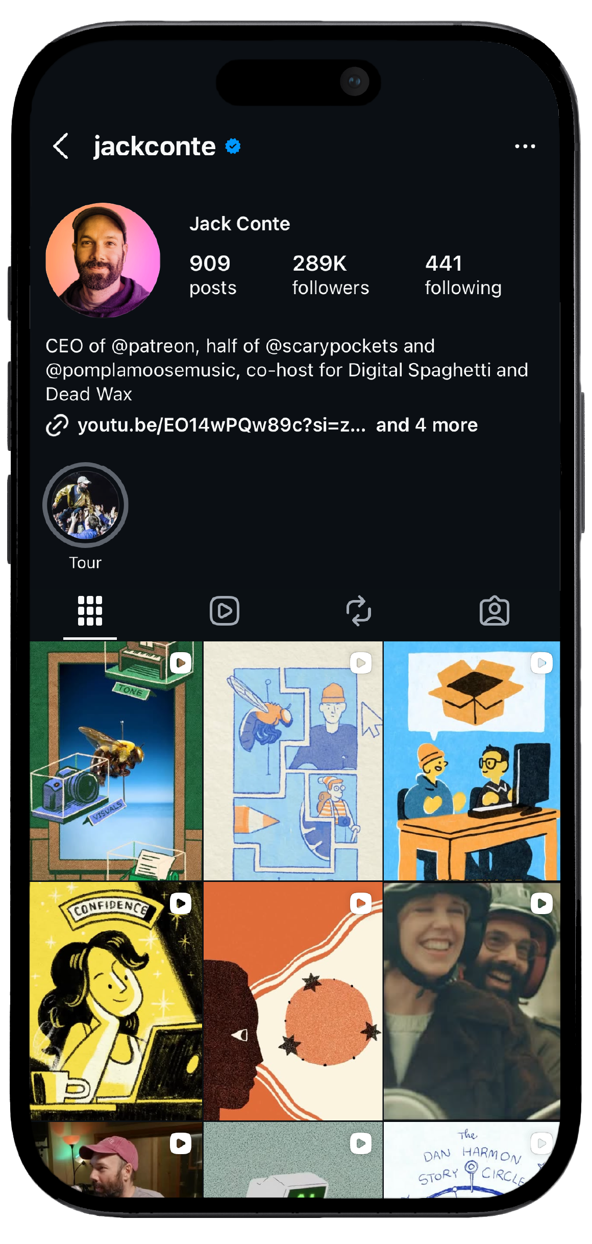 Smartphone displaying Jack Conte’s Instagram page, showcasing a mockup of the Jack Conte’s social media interface