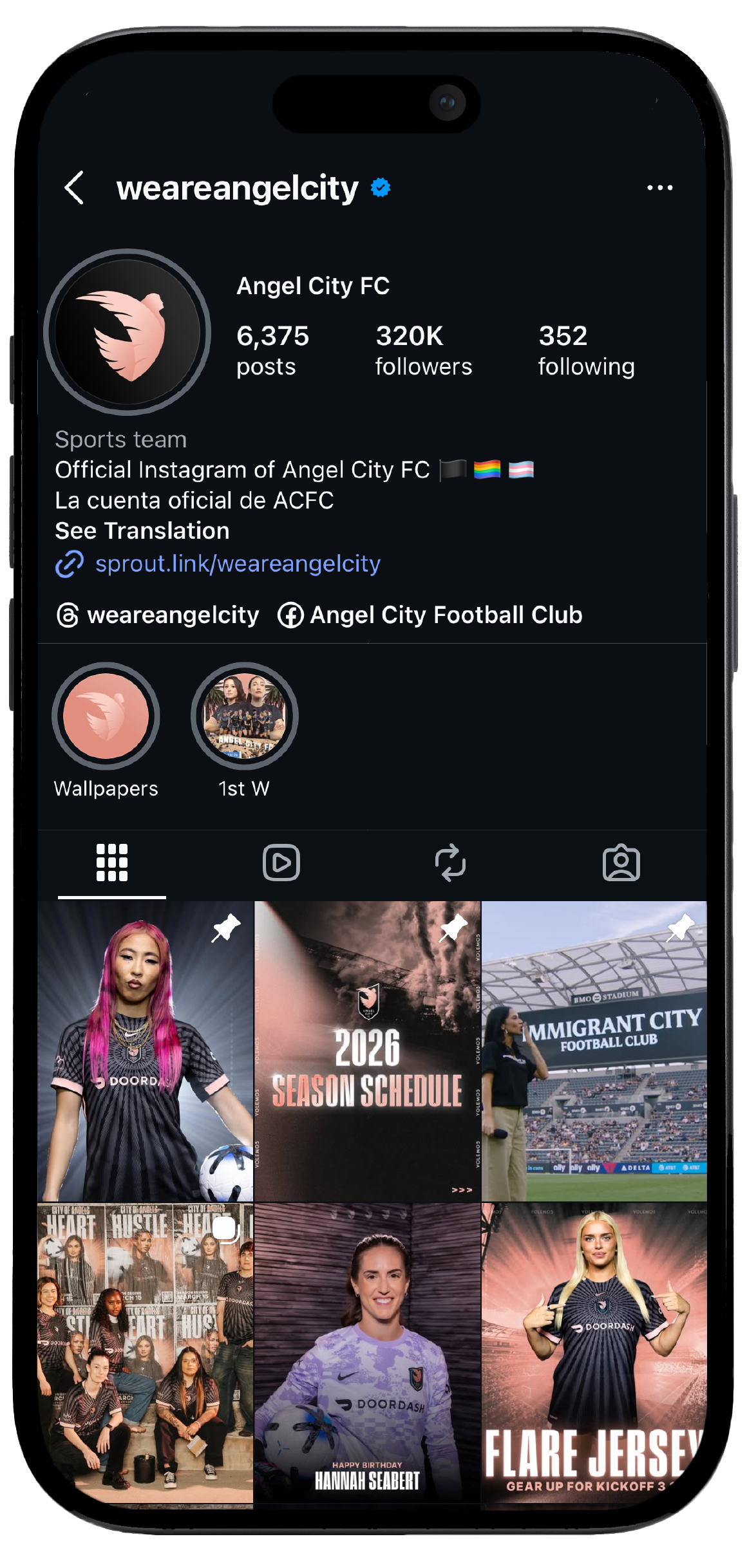 Smartphone displaying Angel City’s Instagram page, showcasing a mockup of the brand's social media interface