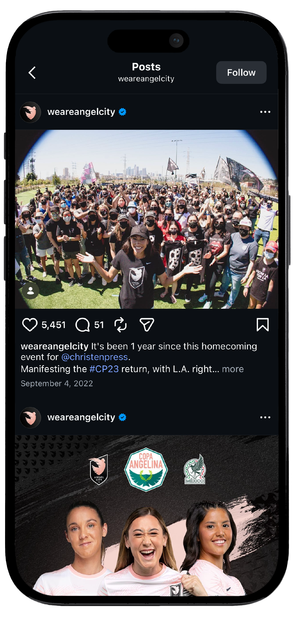 Smartphone displaying Angel City’s Instagram page, showcasing a mockup of the brand's social media interface