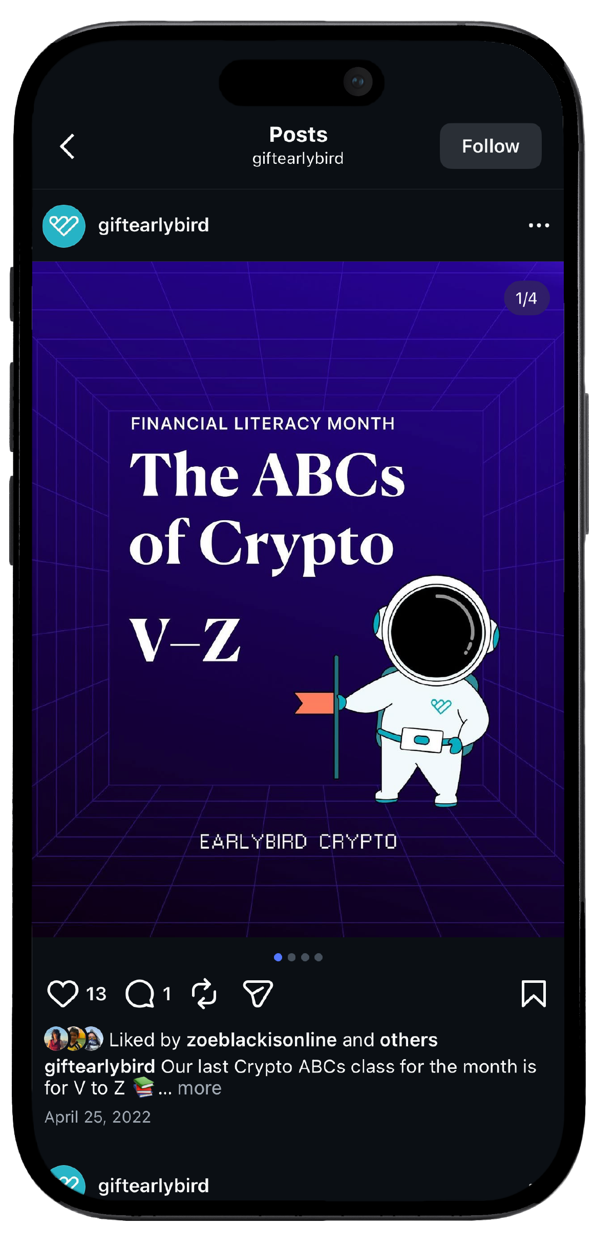 Smartphone displaying Early Bird’s Instagram page, showcasing a mockup of the brand's social media interface