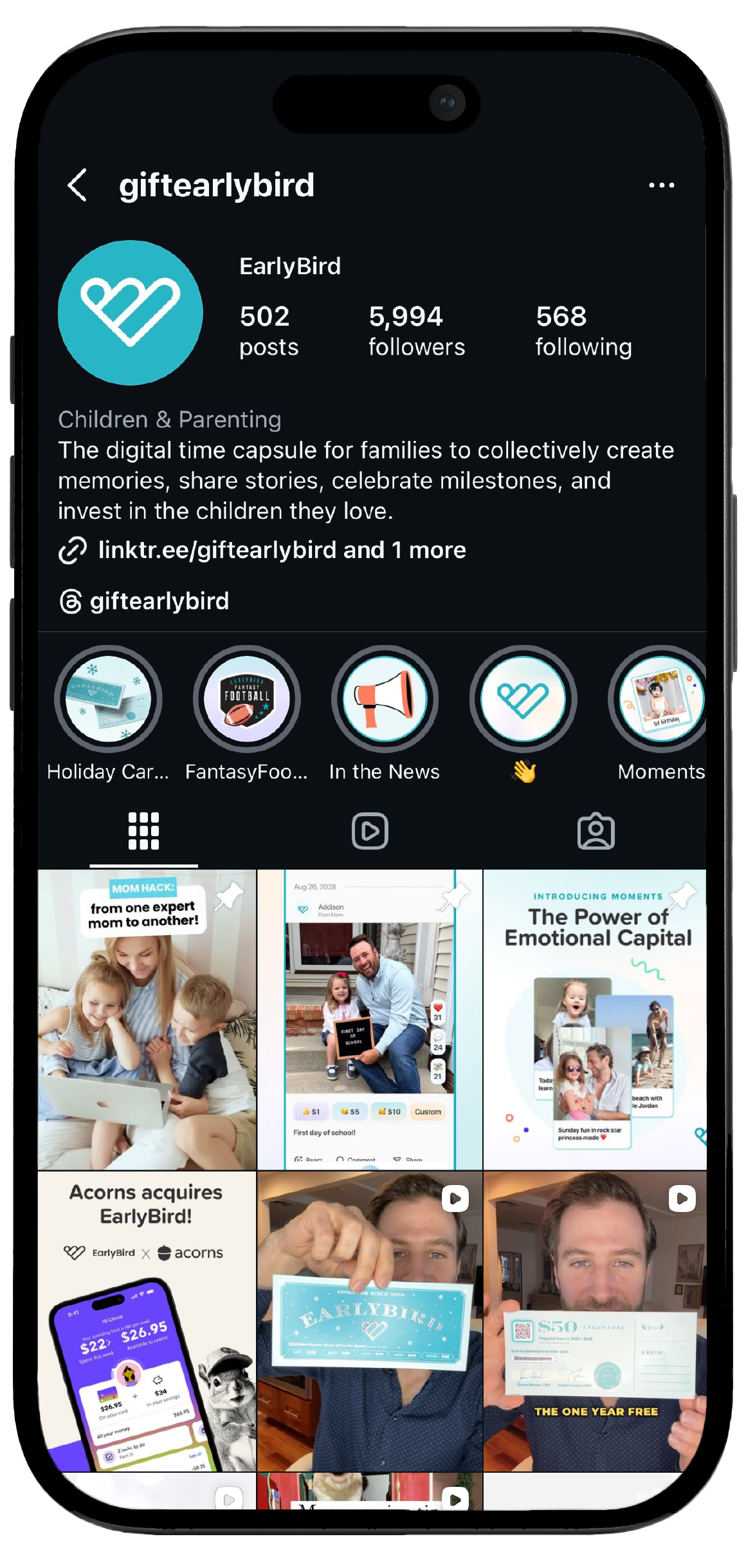 Smartphone displaying Early Bird’s Instagram page, showcasing a mockup of the brand's social media interface