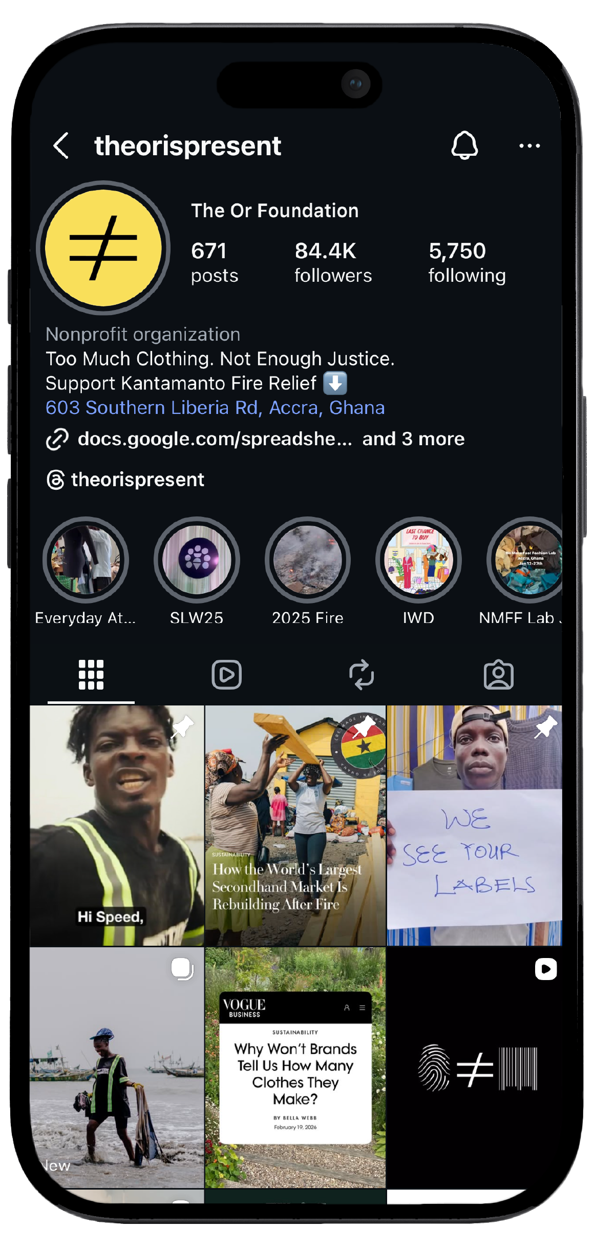 Smartphone displaying Or Foundation’s Instagram page, showcasing a mockup of the brand's social media interface