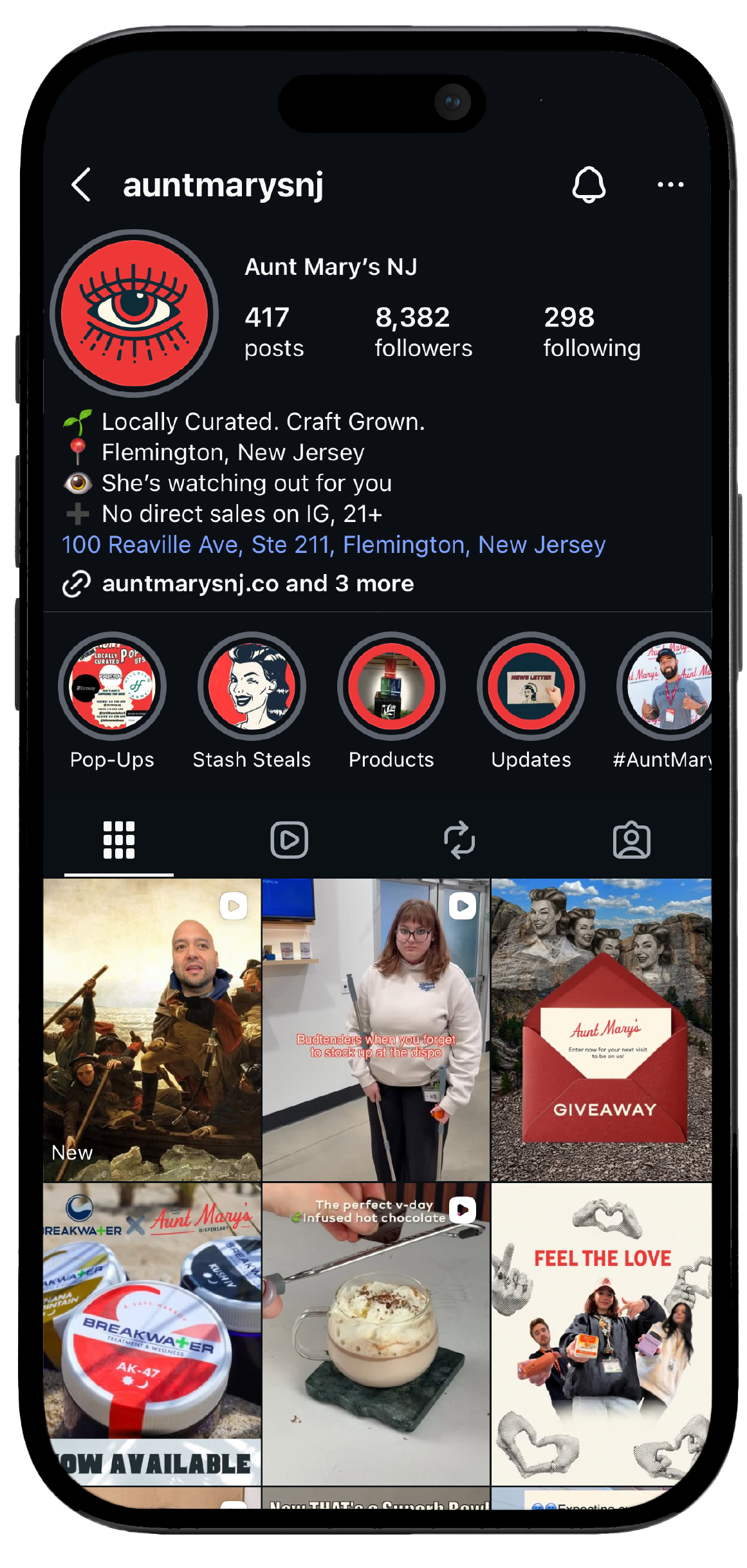 Smartphone displaying Aunt Mary’s Instagram page, showcasing a mockup of the brand's social media interface