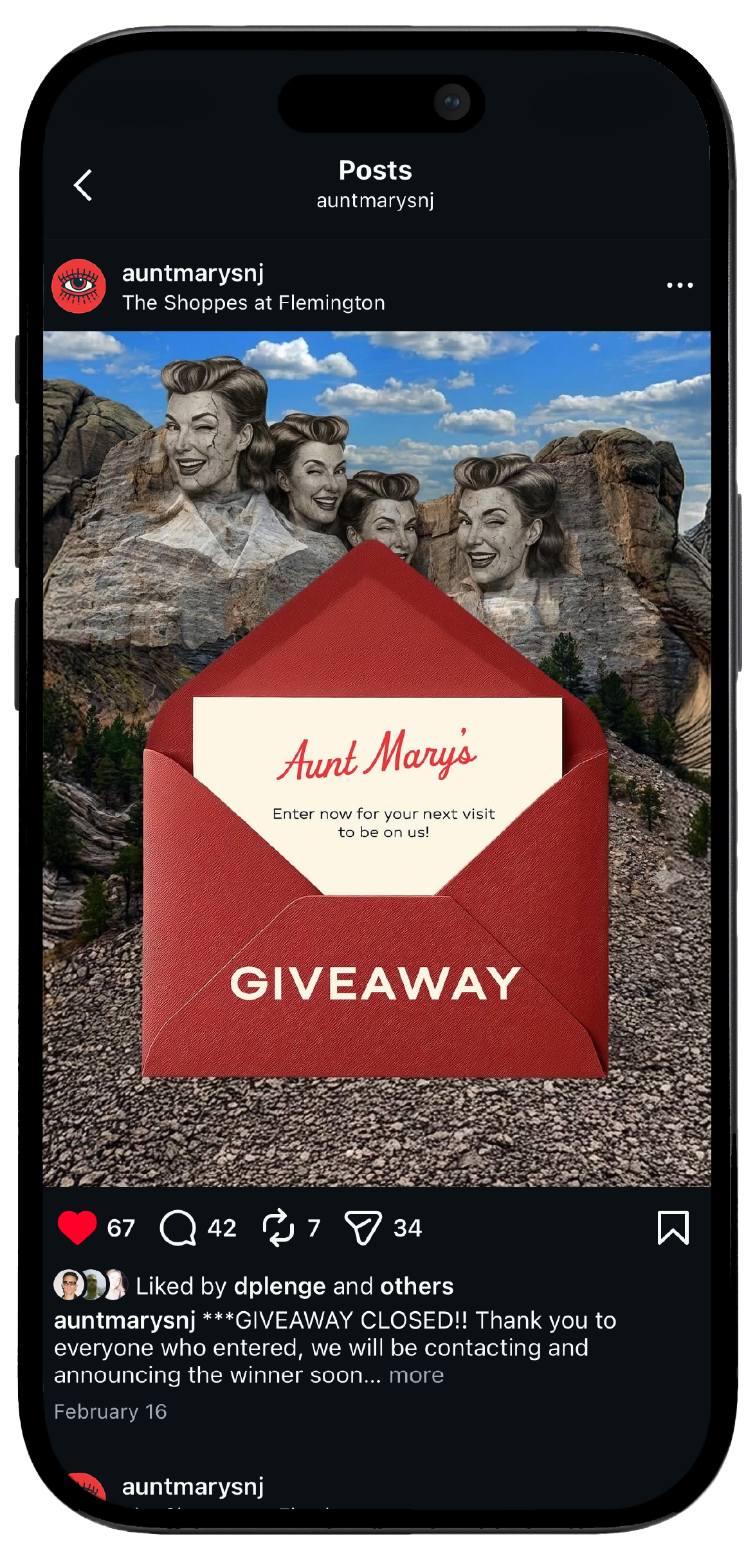 Smartphone displaying Aunt Mary’s Instagram page, showcasing a mockup of the brand's social media interface