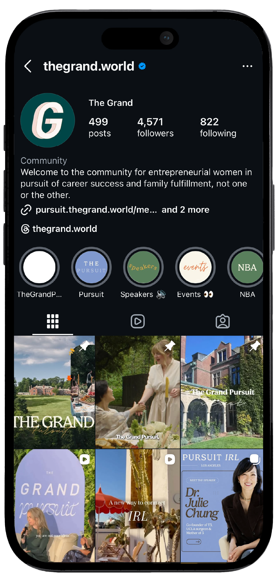 Smartphone displaying The Grand’s Instagram page, showcasing a mockup of the brand's social media interface