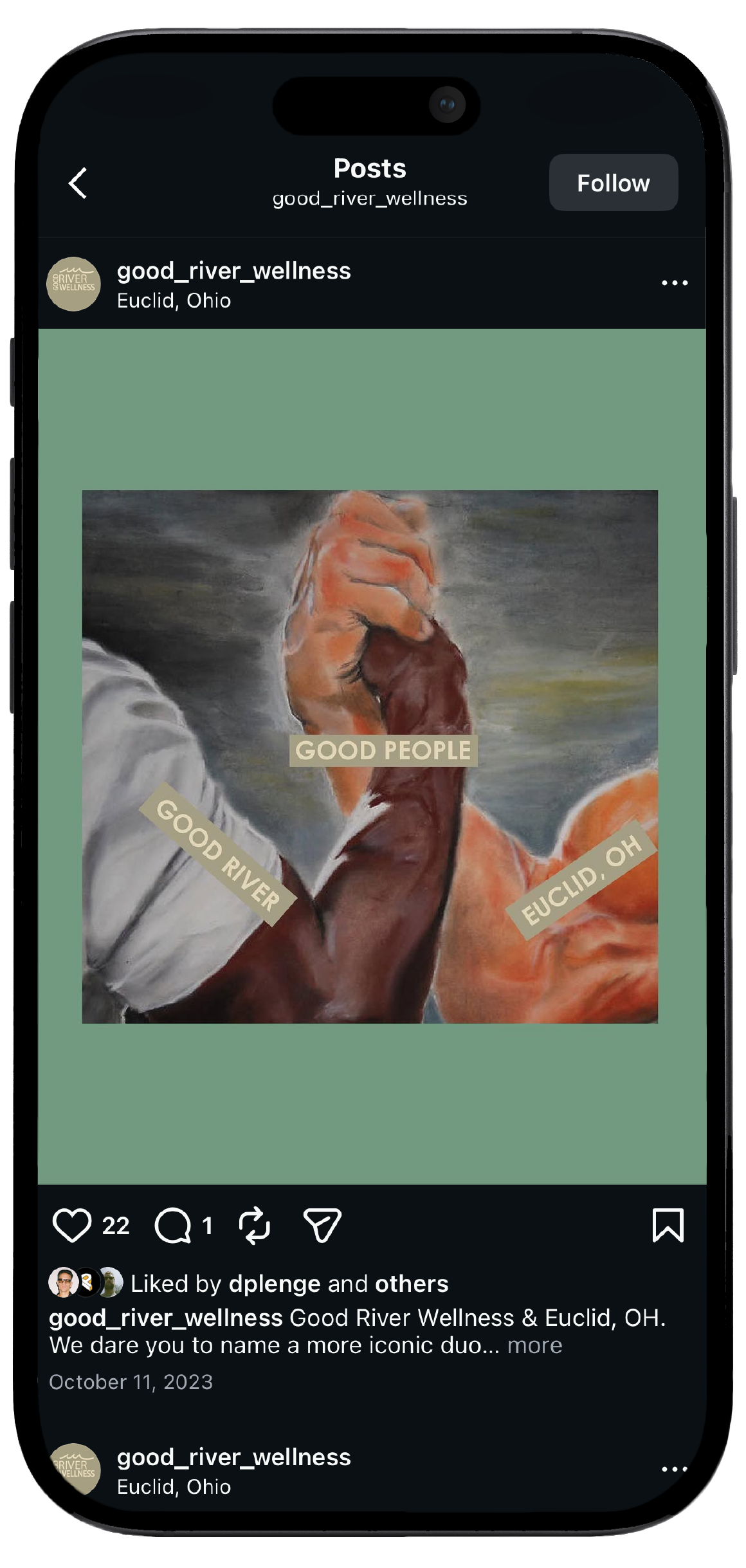 Smartphone displaying Good River Wellness’s Instagram page, showcasing a mockup of the brand's social media interface