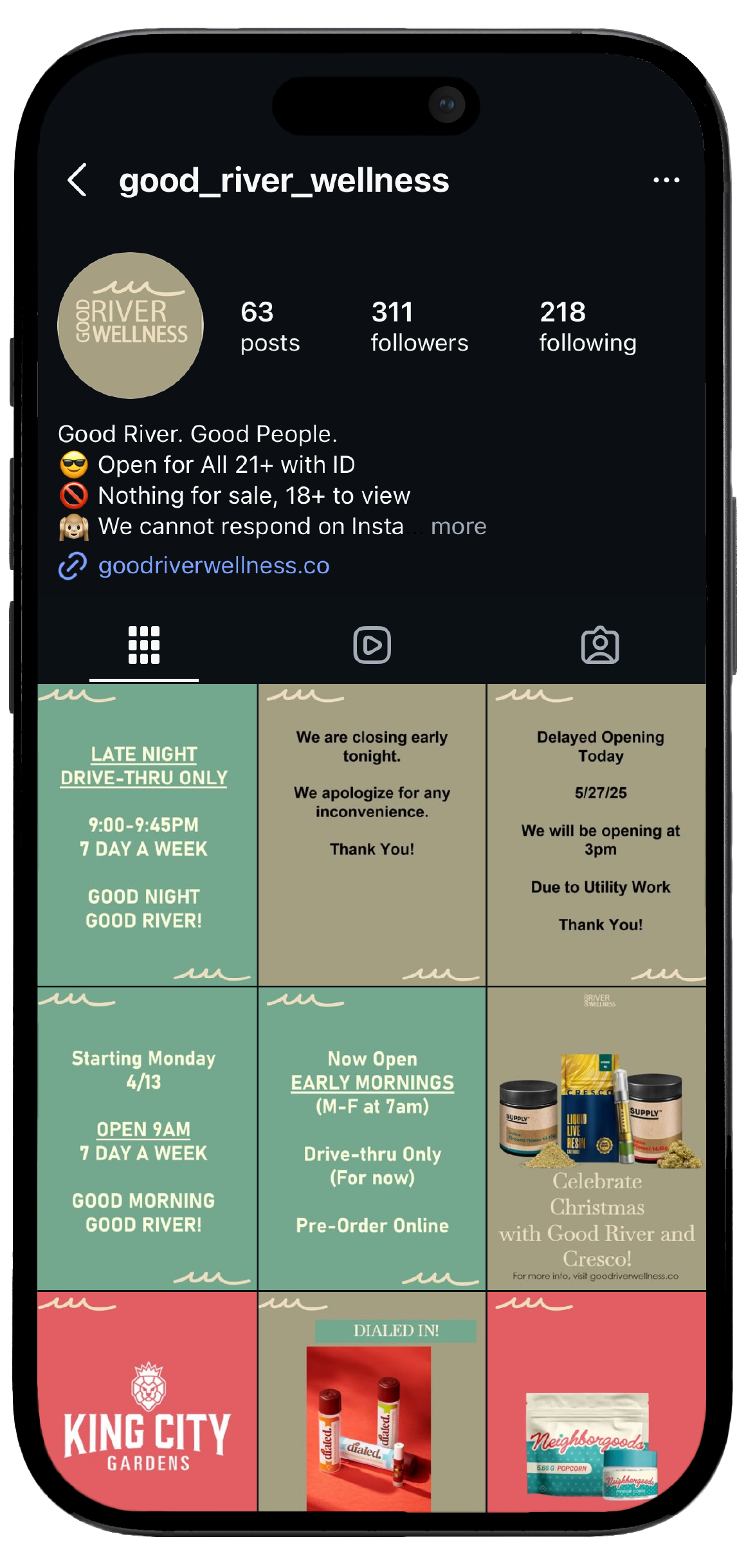 Smartphone displaying Good River Wellness’s Instagram page, showcasing a mockup of the brand's social media interface