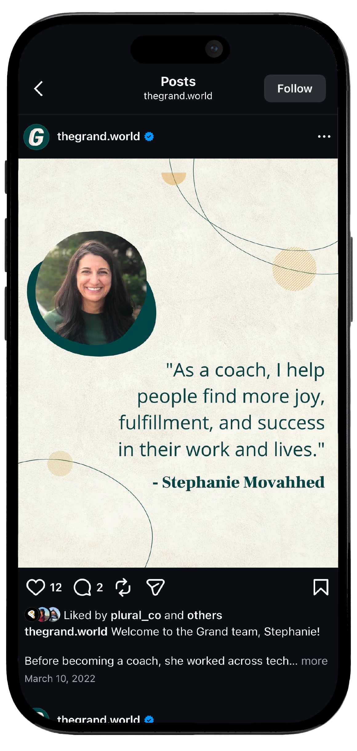 Smartphone displaying The Grand’s Instagram page, showcasing a mockup of the brand's social media interface