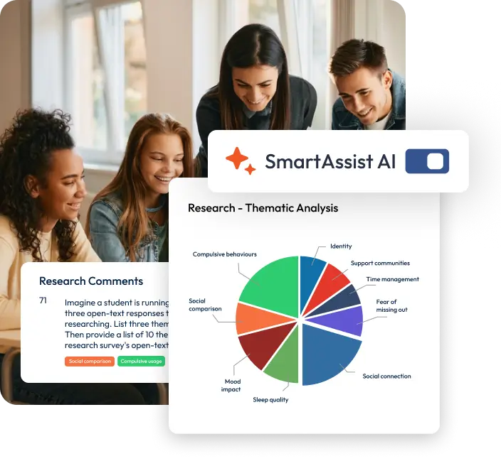A photo of students using Thematic Analysis and other features in research surveys.