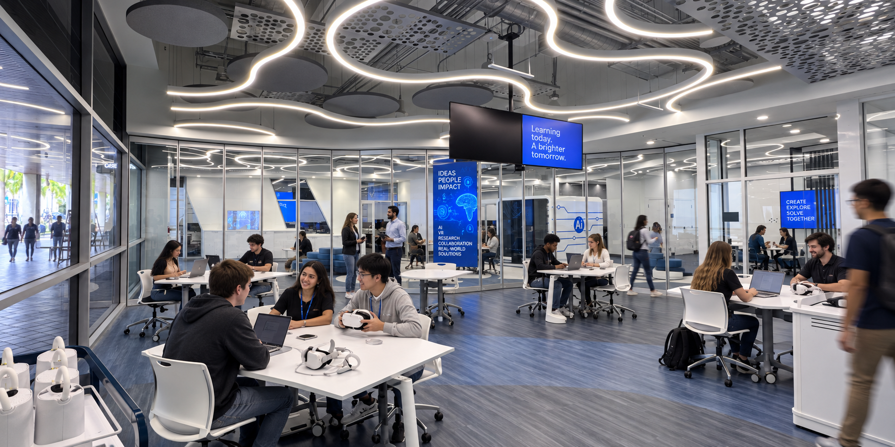Flowing architectural lighting above students collaborating at Miami Dade College AI Center in Miami, Florida.