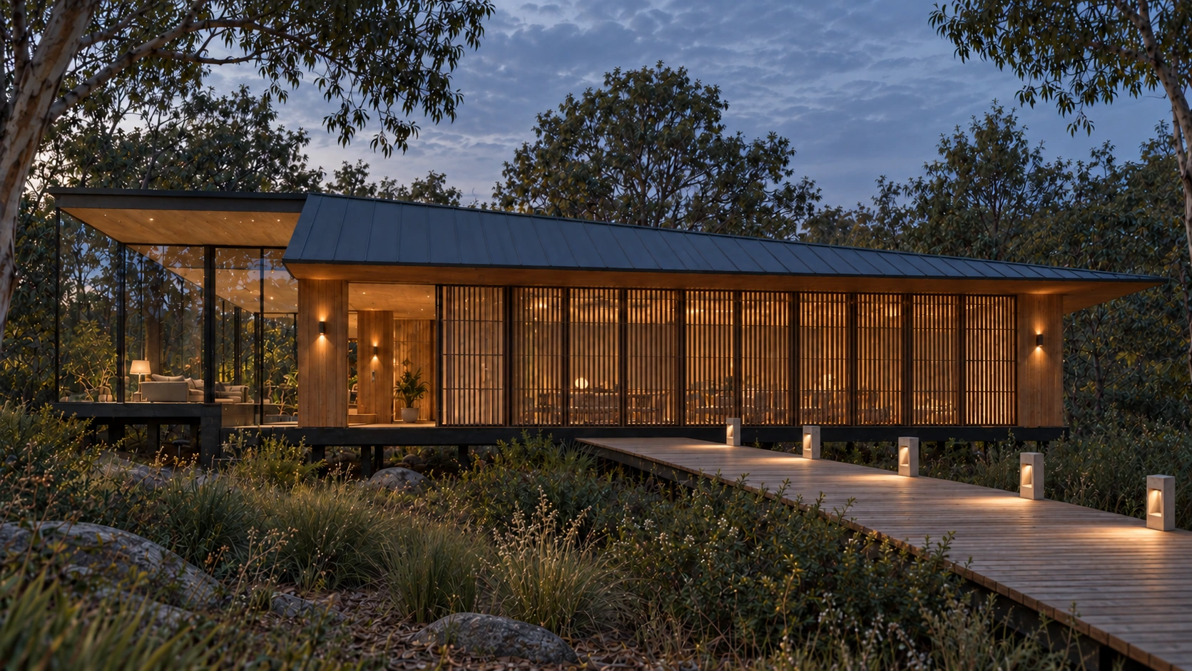 BRUT concrete bollards beside a timber pavilion at dusk — architectural concept rendering.