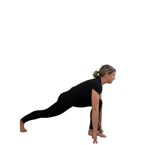 woman in black doing a runner's stretch.