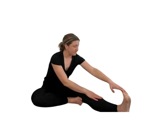 woman in black doing a hamstring stretch.