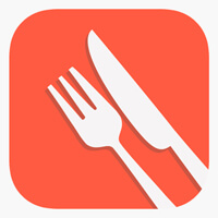 White fork and knife icon on bright orange-red square background