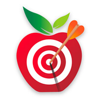 Red apple with archery target design and arrow hitting bullseye
