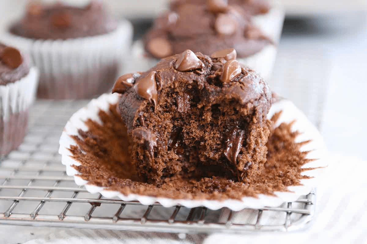 Double chocolate muffin with melted chocolate chips, bite taken out